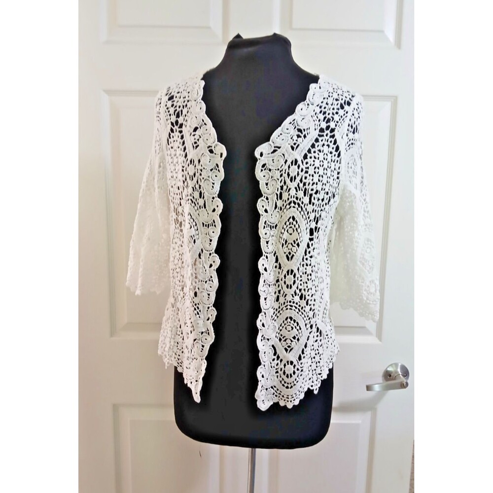 Crochet Top White Open Front Short Sleeve No Tags Beachy Coastal boho
